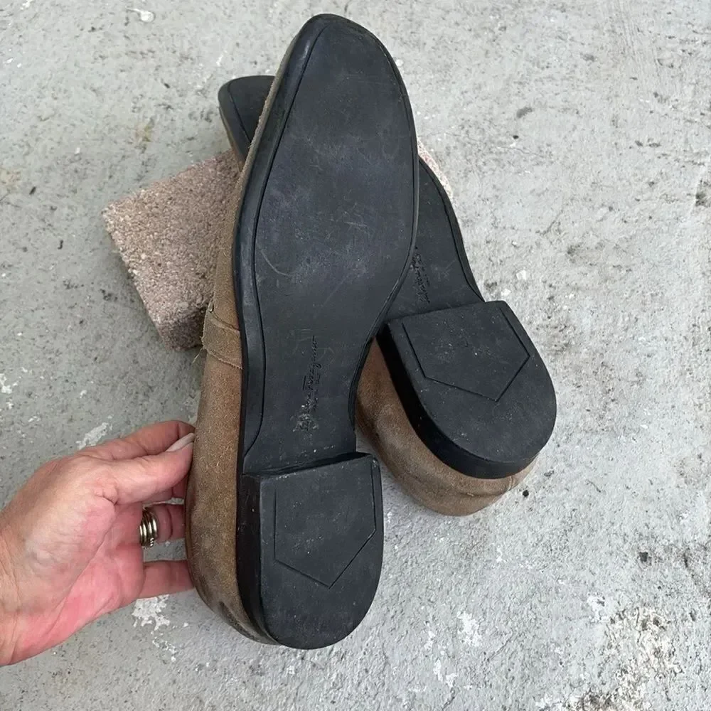 Ferragamo khaki tan suede loafers